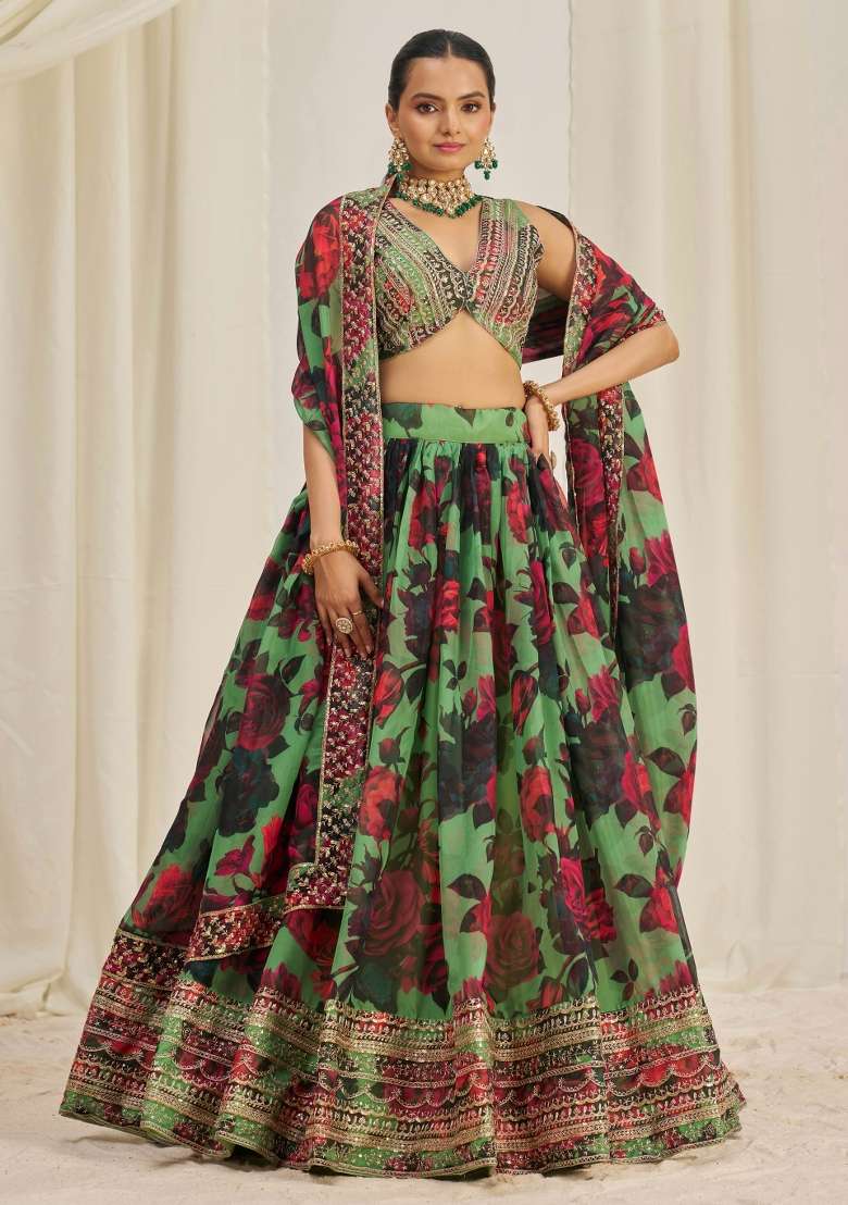 Green Blended Lehenga with Embroidered for Diwali | Wedding & Festive Wear - Indya