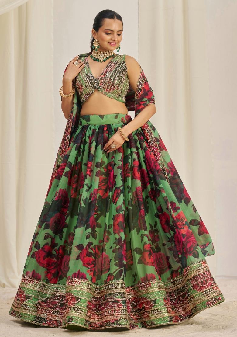 Green Embroidered Blended Lehenga - Indya
