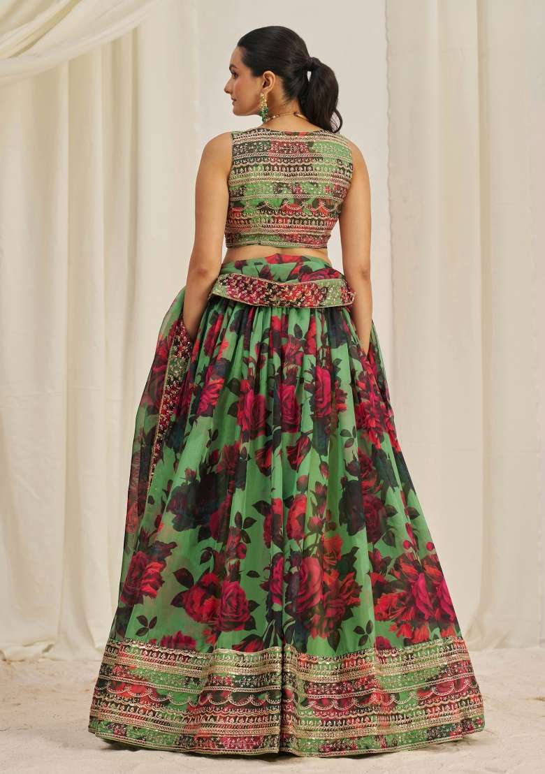 Green Blended Lehenga with Embroidered for Diwali | Wedding & Festive Wear - Indya