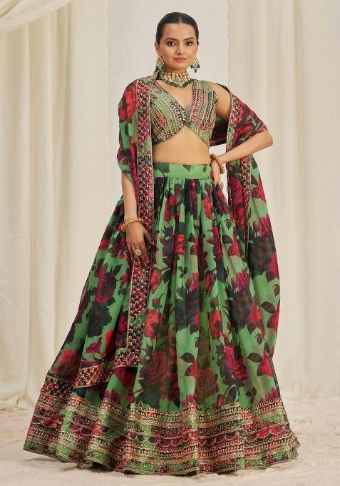 Green Embroidered Blended Lehenga