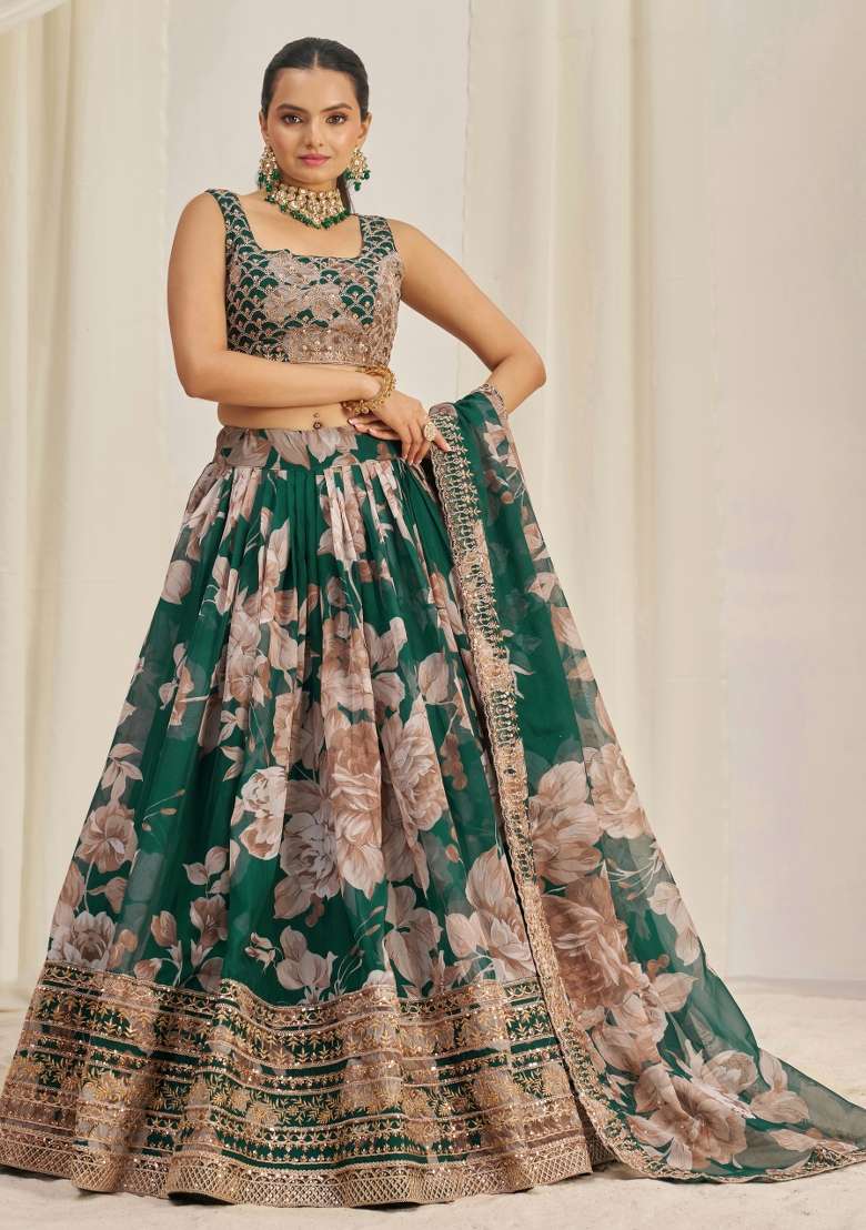 Green Embroidered Blended Lehenga for Diwali and Festive Wear - Indya