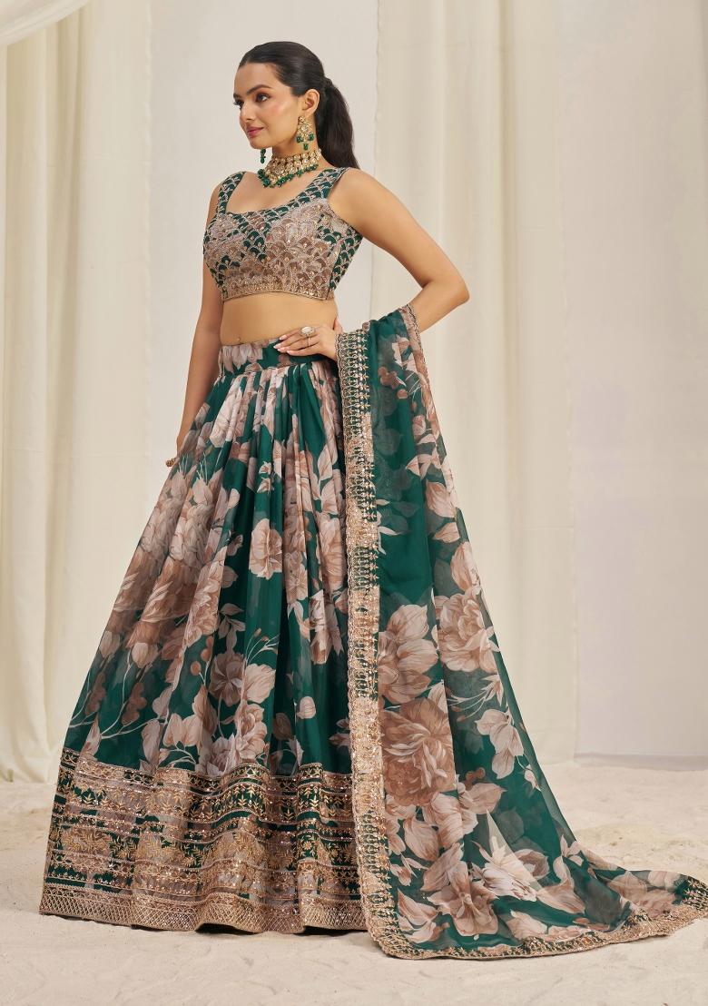 Green Embroidered Blended Lehenga - Indya