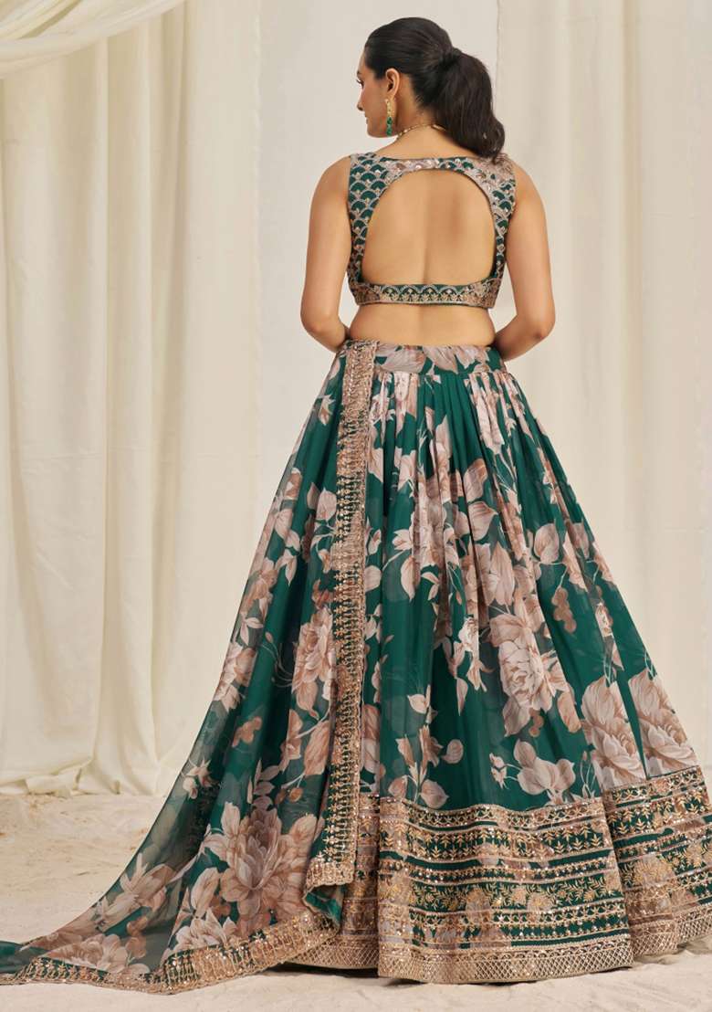 Green Embroidered Blended Lehenga for Diwali and Festive Wear - Indya