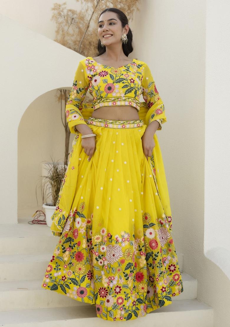 Yellow Embroidered Blended Lehenga - Indya