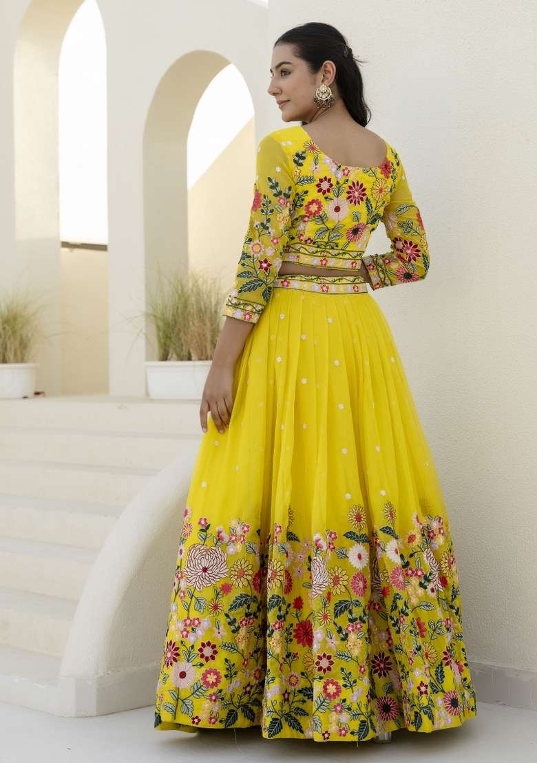 Yellow Embroidered Blended Lehenga for Diwali and Festive Wear - Indya