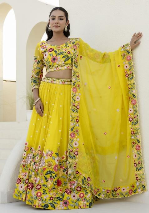 Yellow Embroidered Blended Lehenga