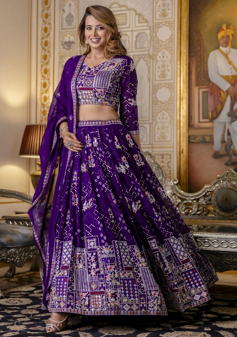 Purple Embroidered Blended Lehenga - Indya