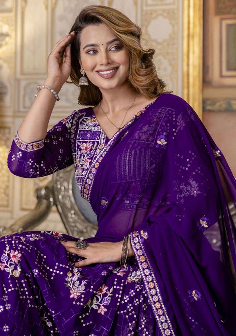 Purple Embroidered Blended Lehenga for Diwali and Festive Wear - Indya