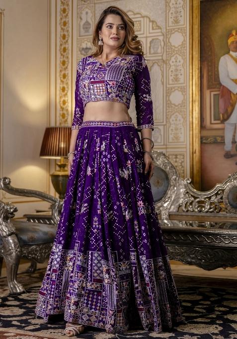 Purple Embroidered Blended Lehenga