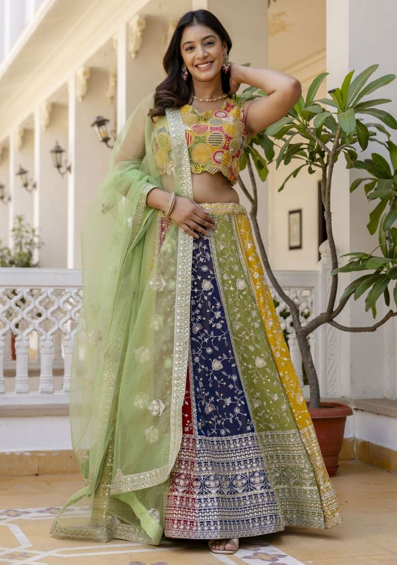 Multicolor Embroidered Blended Lehenga for Diwali and Festive Wear - Indya