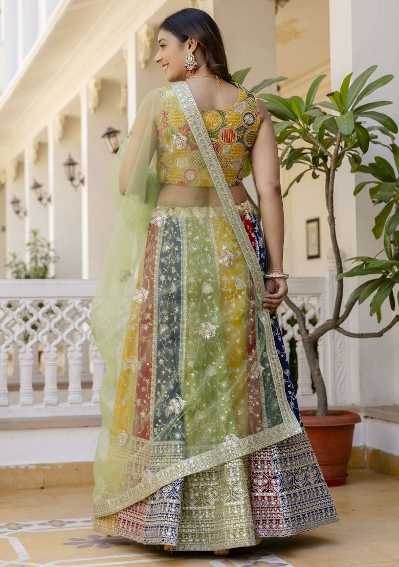 Multicolor Embroidered Blended Lehenga for Diwali and Festive Wear - Indya