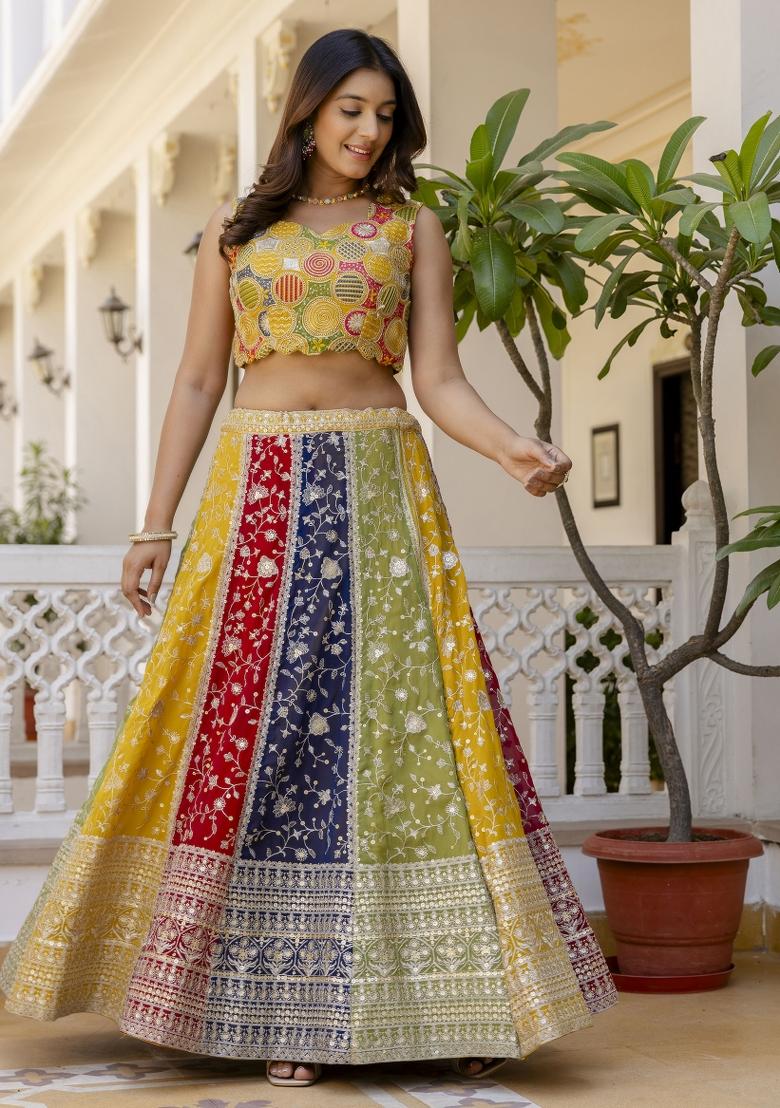 Multicolor Embroidered Blended Lehenga - Indya