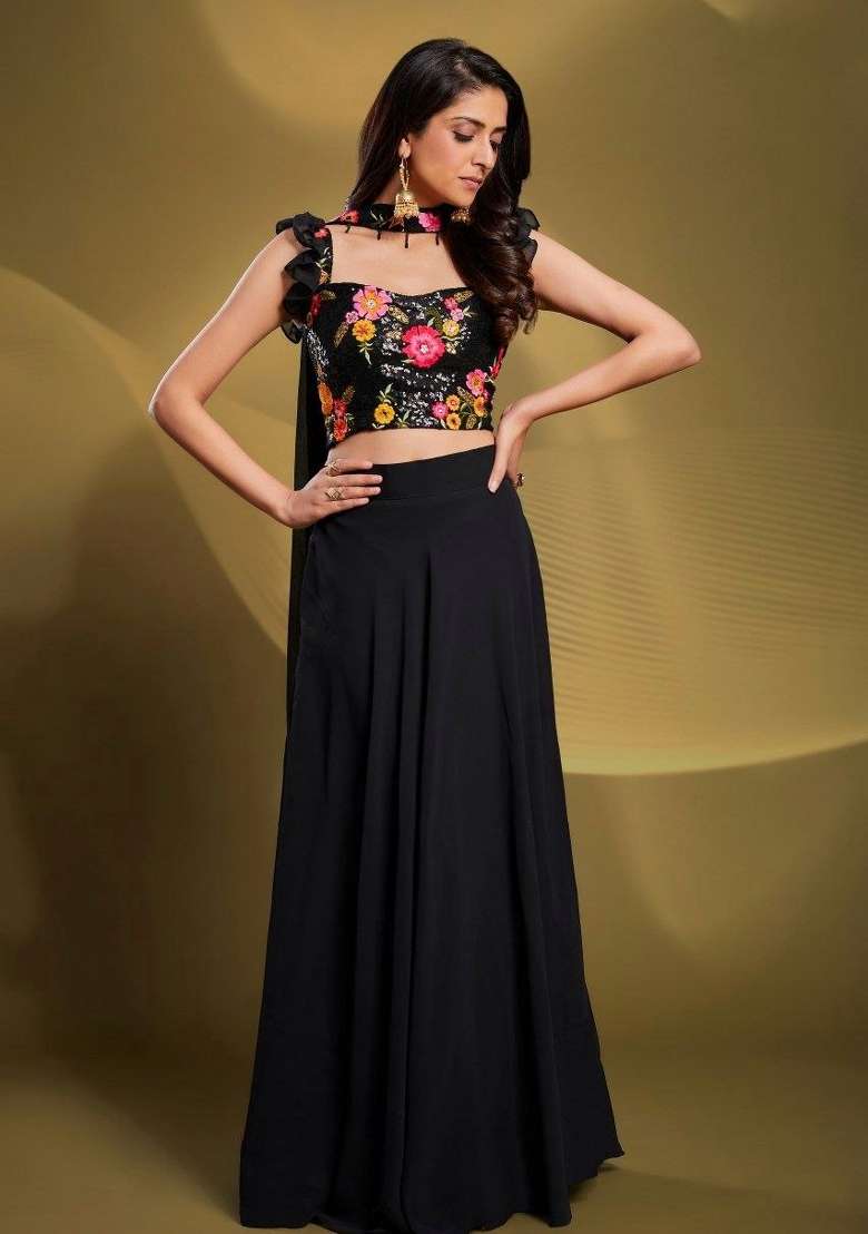 Black Embroidered Blended Lehenga Choli for Diwali and Festive Wear - Indya