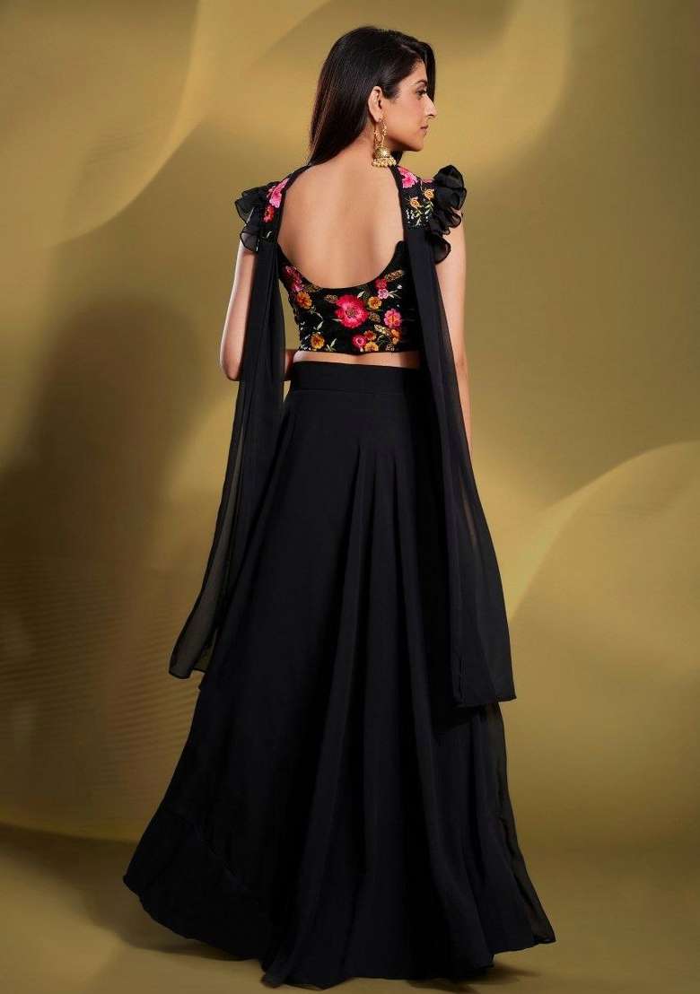 Black Embroidered Blended Lehenga Choli for Diwali and Festive Wear - Indya