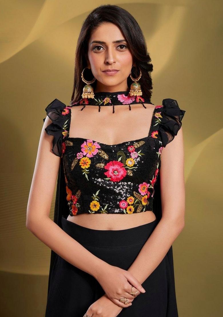 Black Embroidered Blended Lehenga Choli - Indya