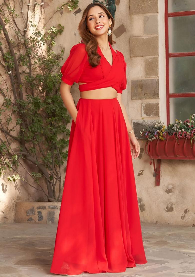 Red Embroidered Blended Lehenga Choli