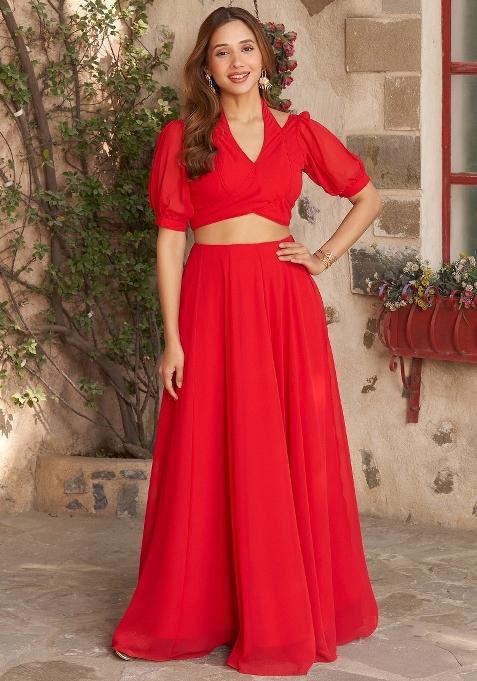 Red Embroidered Blended Lehenga Choli