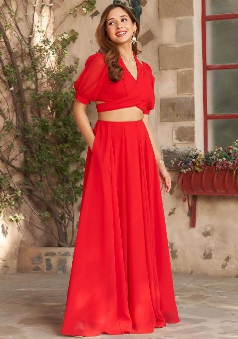 Red Embroidered Blended Lehenga Choli