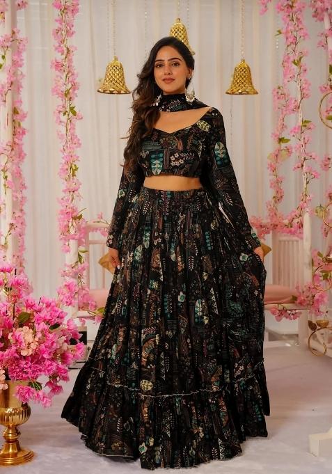 Black Printed Blended Readymade Lehenga