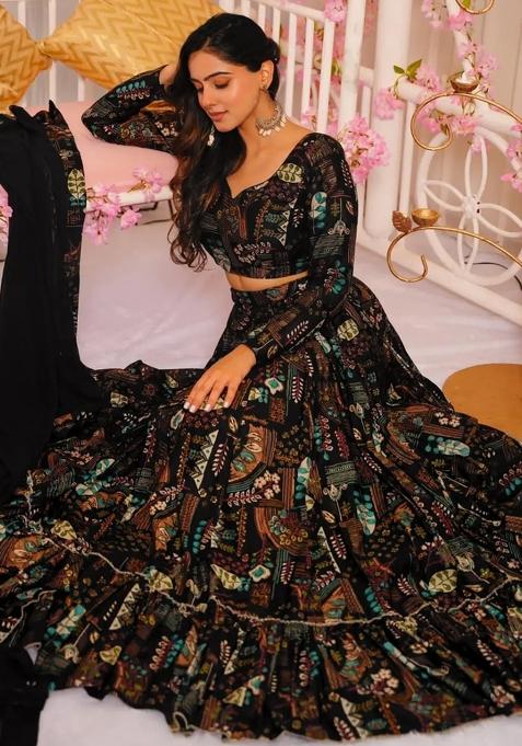 Black Printed Blended Readymade Lehenga