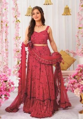 Pink Printed Blended Readymade Lehenga