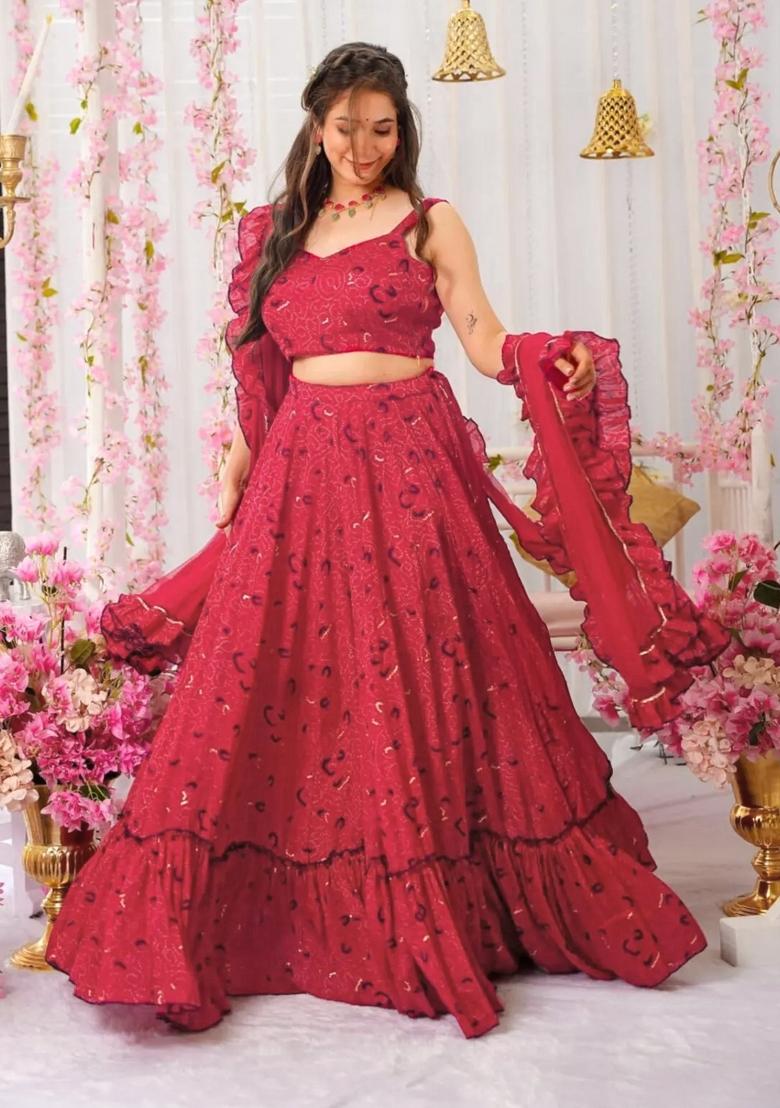 Pink Printed Blended Readymade Lehenga