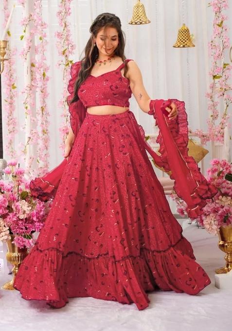 Pink Printed Blended Readymade Lehenga