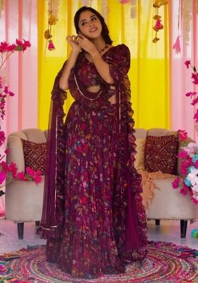 Wine Printed Blended Readymade Lehenga