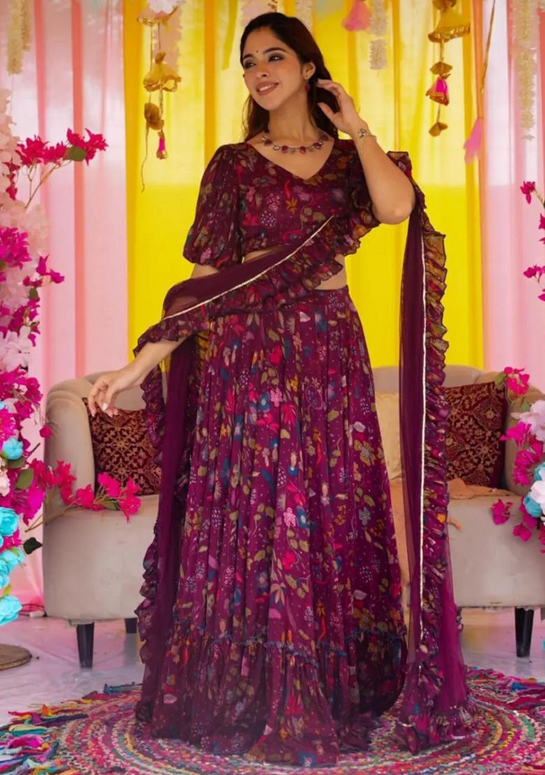 Wine Printed Blended Readymade Lehenga