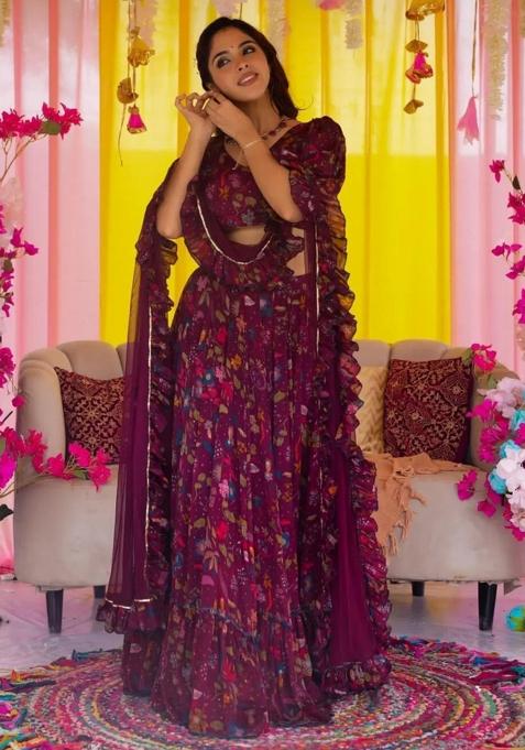Wine Printed Blended Readymade Lehenga