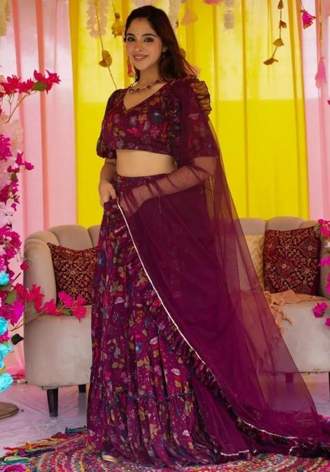 Wine Printed Blended Readymade Lehenga