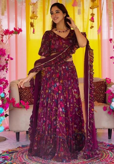 Wine Printed Blended Readymade Lehenga