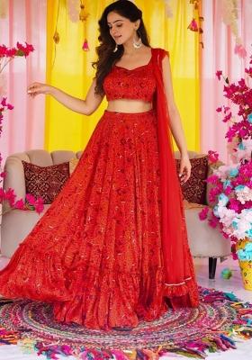 Red Printed Blended Readymade Lehenga