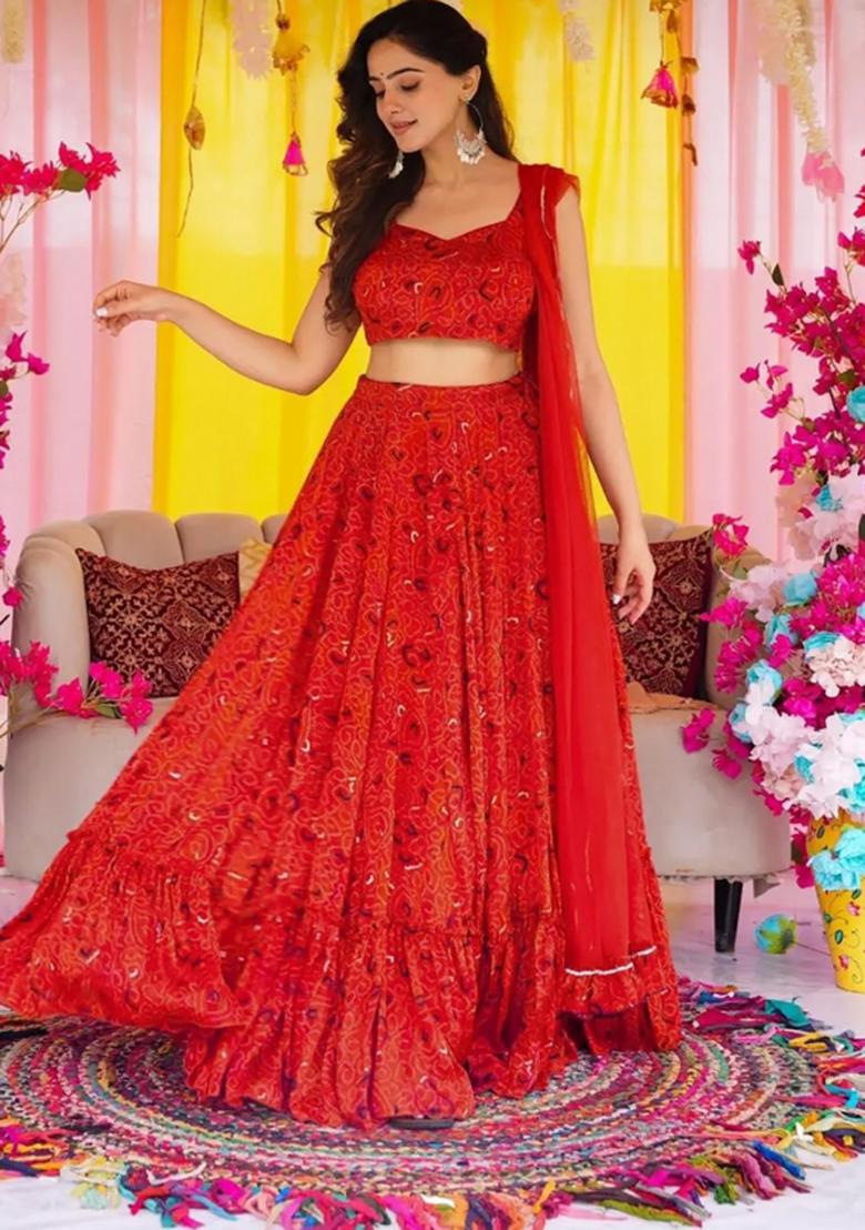 Red Printed Blended Readymade Lehenga