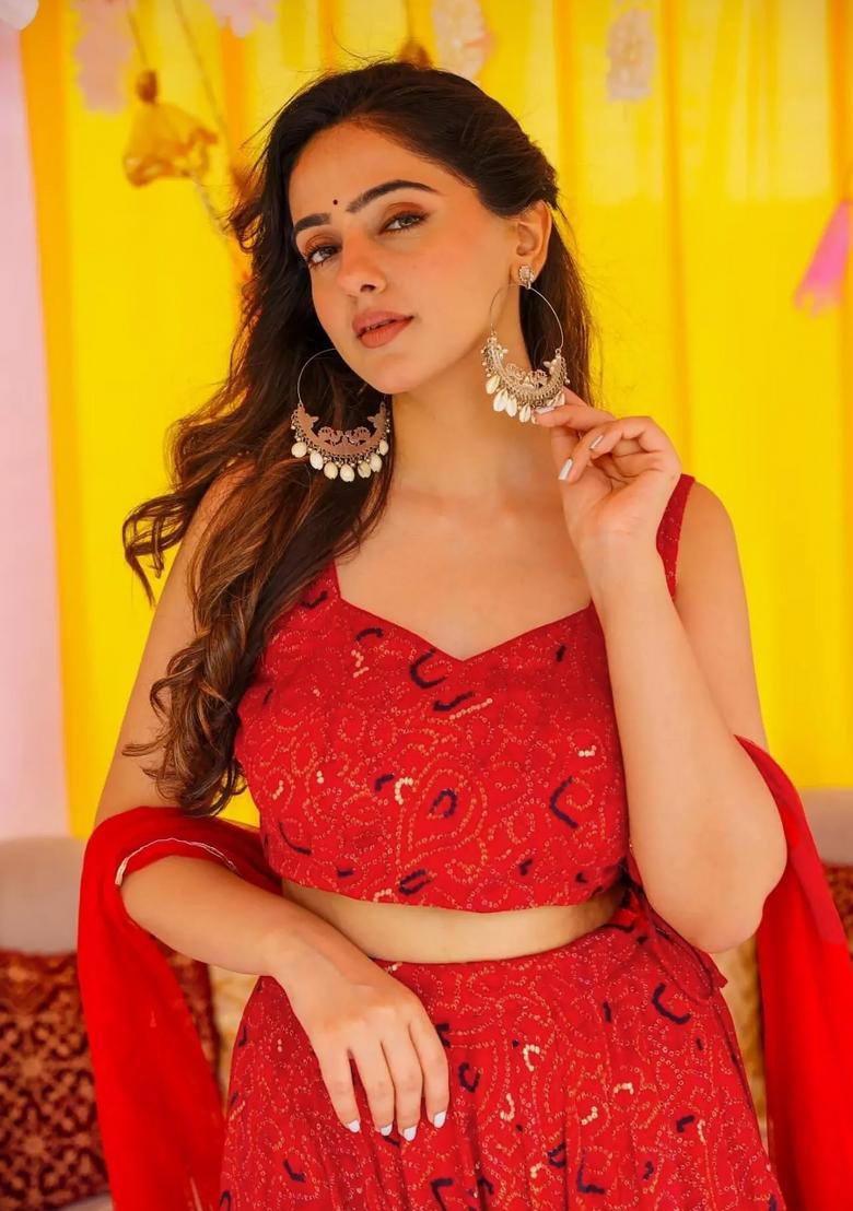 Red Printed Blended Readymade Lehenga