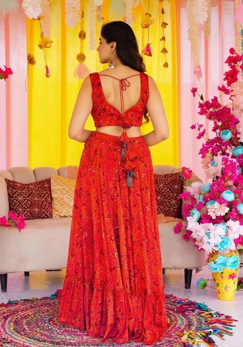 Red Printed Blended Readymade Lehenga