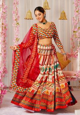 Red Printed Blended Readymade Lehenga