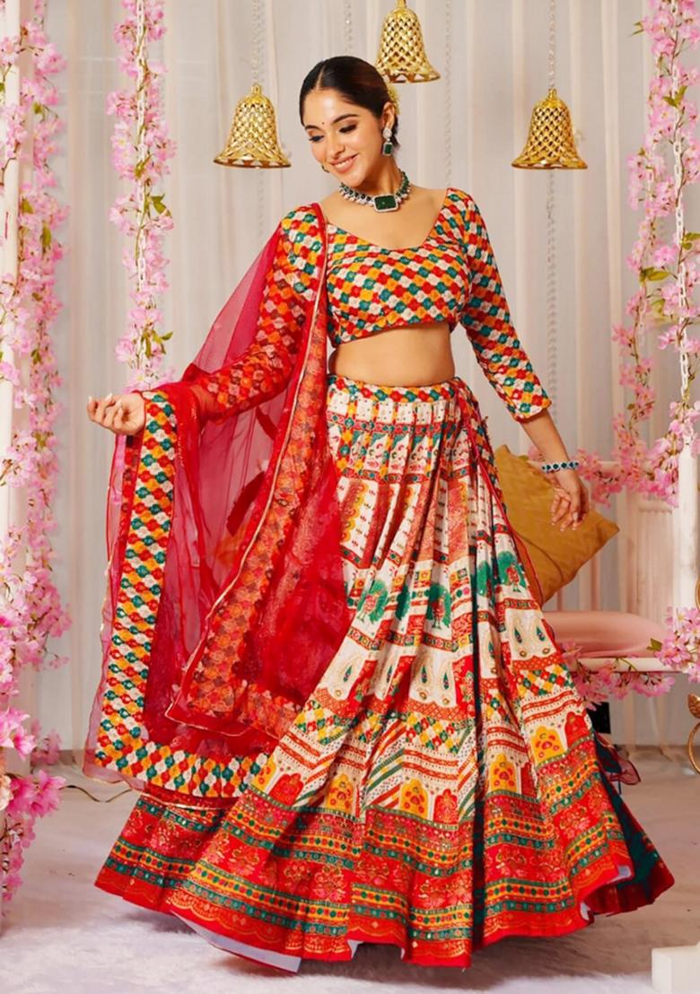 Red Printed Blended Readymade Lehenga