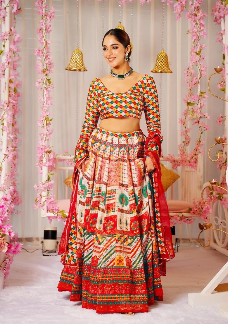Red Printed Blended Readymade Lehenga