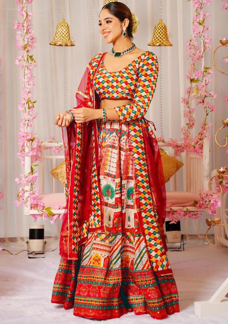 Red Printed Blended Readymade Lehenga