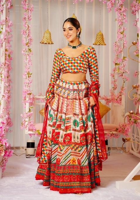 Red Printed Blended Readymade Lehenga