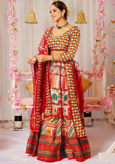 Red Printed Blended Readymade Lehenga