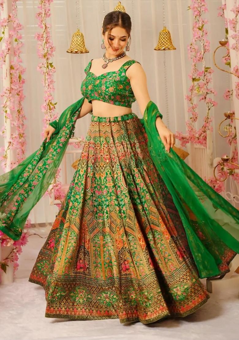 Green Printed Blended Readymade Lehenga