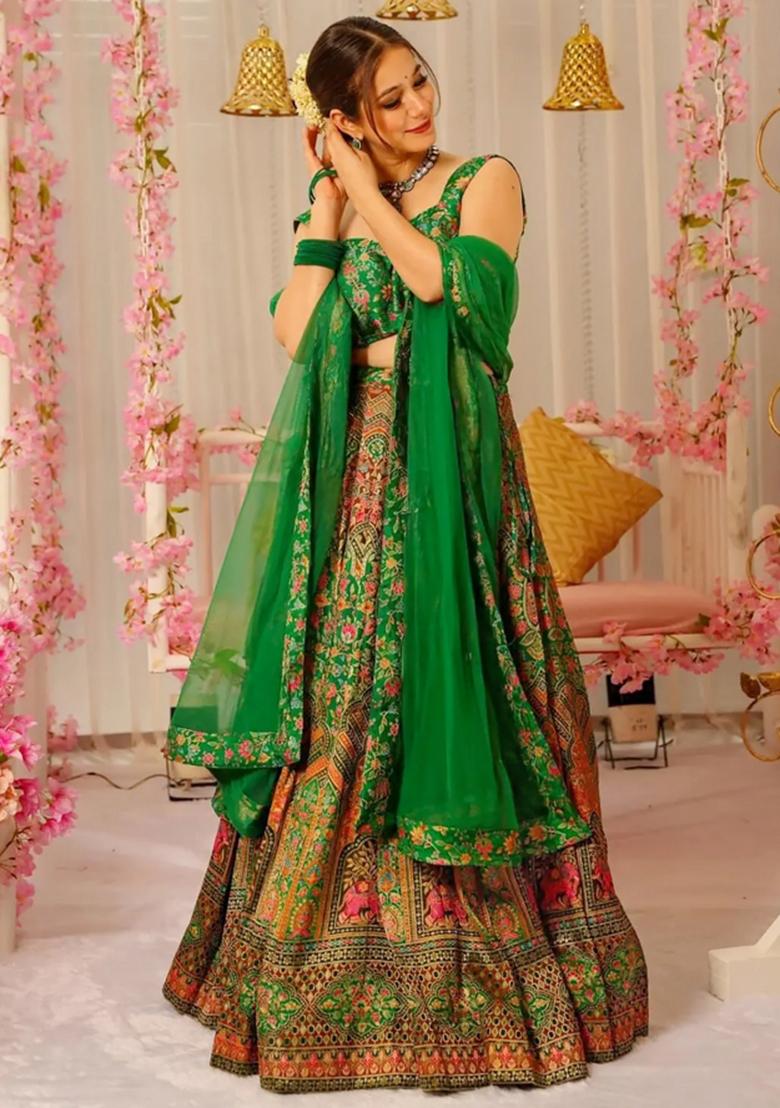 Green Printed Blended Readymade Lehenga