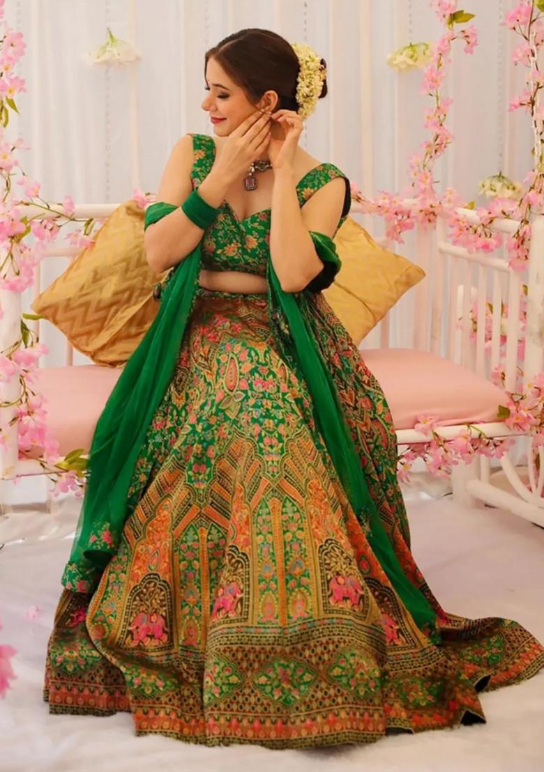 Green Printed Blended Readymade Lehenga