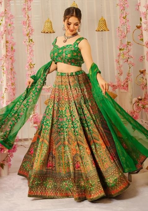 Green Printed Blended Readymade Lehenga
