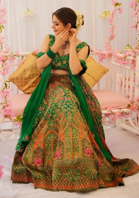 Green Printed Blended Readymade Lehenga