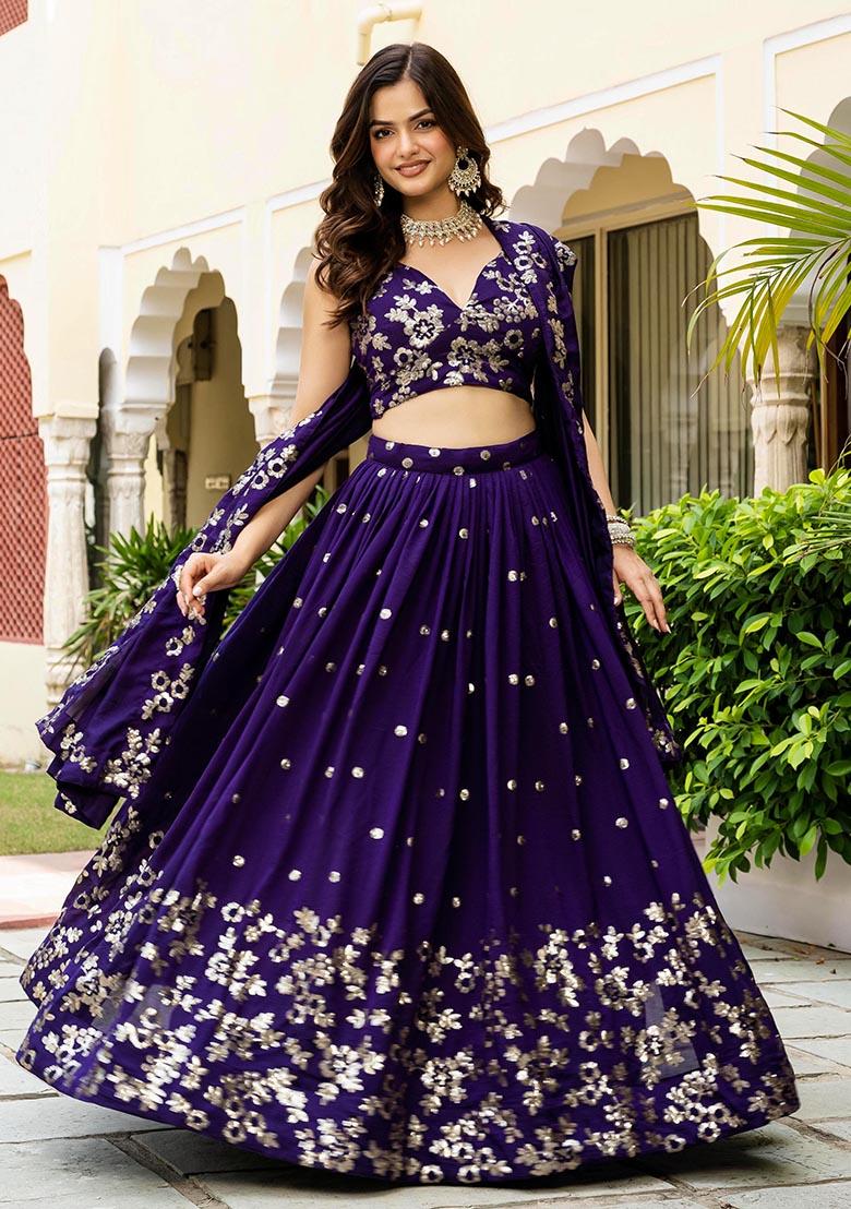Purple Multi Sequence Embroidery Work Silk Lehenga Choli - Indya