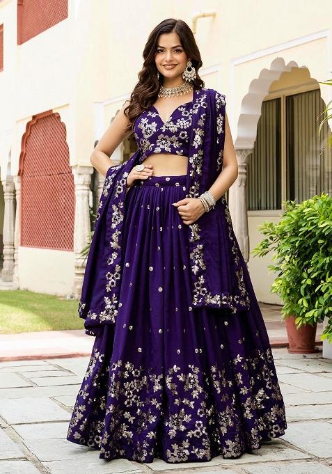 Purple Multi Sequence Embroidery Work Silk Lehenga Choli