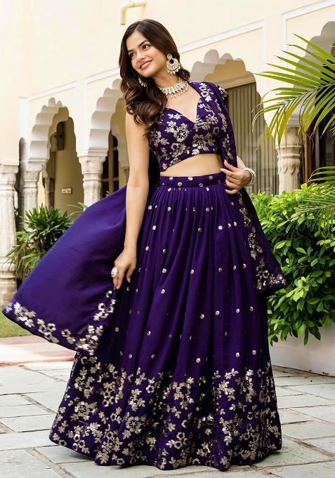 Purple Multi Sequence Embroidery Work Silk Lehenga Choli